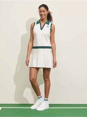 Prince Pickleball Pleated Polo Dress in Cream with Green Collar Size Medium